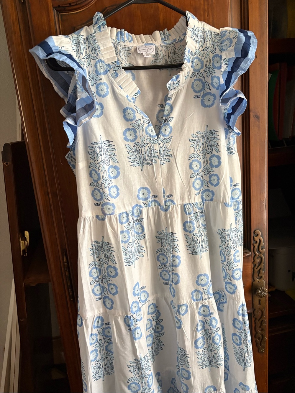 Mud Pie White Dress with Light Blue Floral Block Print and Blue Trim Size M